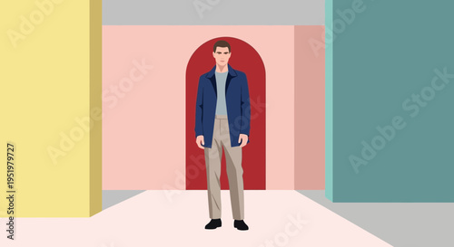 A stylish man in a blue coat and tan trousers stands confidently within a minimalist architectural setting