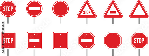 Collection of red traffic signs including stop signs and no entry signs road sign red sign
