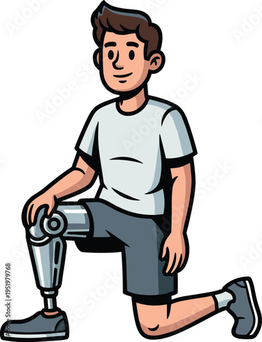 A man with a prosthetic leg kneels on one knee on transparent background