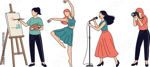 Four artistic women engaged in different creative activities on transparent background