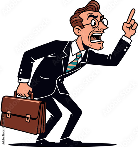 A cartoon businessman pointing upwards while holding a briefcase on transparent background