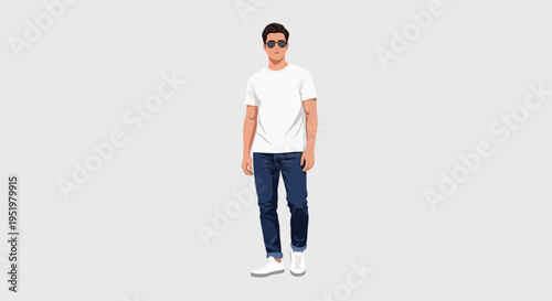 Man in Casual White T-shirt and Blue Jeans with Sunglasses Standing Isolated