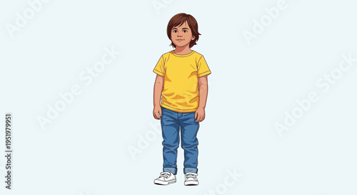 A young boy in a yellow t-shirt and blue jeans standing confidently