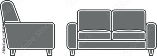 A gray couch and armchair on transparent background