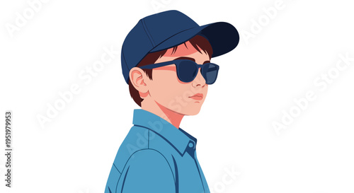 Young boy wearing a blue baseball cap and sunglasses, depicted in a stylized illustration