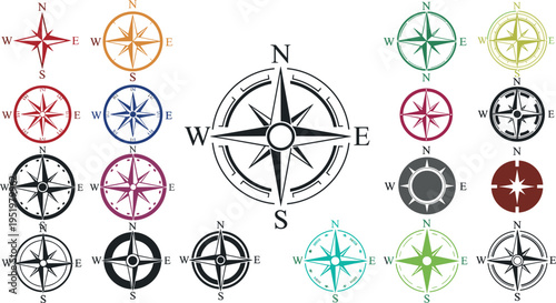 A collection of various colored compasses on transparent background