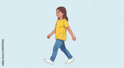 Young child in yellow shirt and blue jeans walking with a determined stride