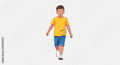 A young boy in a yellow t-shirt and blue shorts walks forward cheerfully