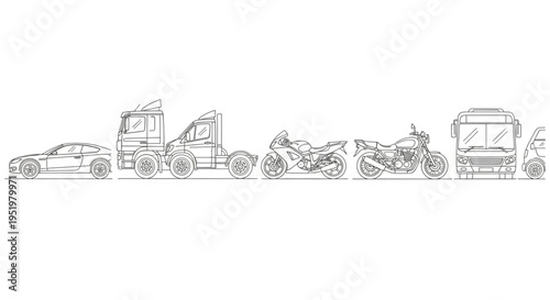 Diverse Vehicle Collection Sketch Art Transportation Lineup.