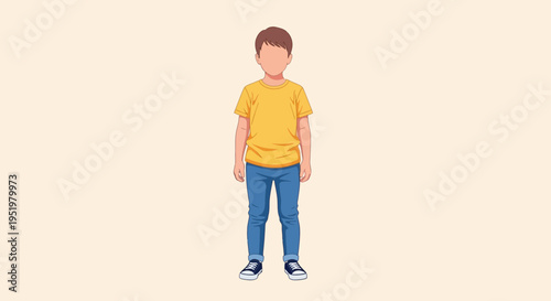Young boy with brown hair wearing a yellow t-shirt and blue jeans, standing casually
