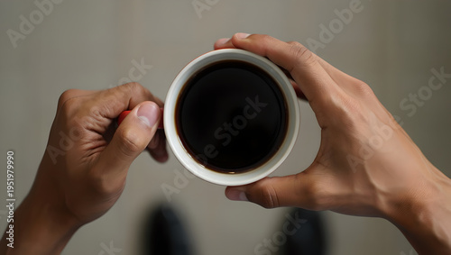 High angle view of person holding a red coffee mug with both hands