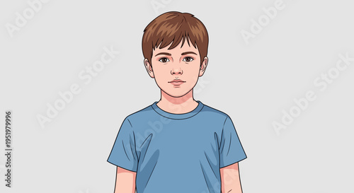 Cartoon boy portrait with brown hair wearing a blue t-shirt, isolated illustration