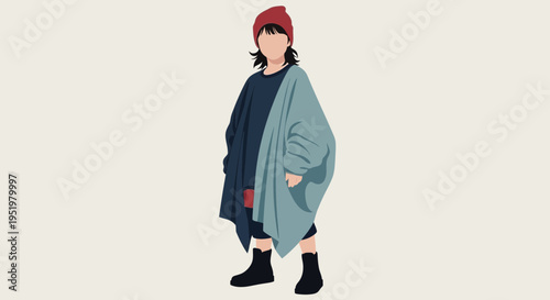 Minimalist illustration of a child in stylish dark blue and teal layered clothing with a red beanie