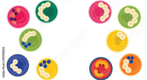 Vibrant vector illustration of ten colorful smoothie bowls, each topped with fresh fruits like bananas, berries, and peaches, arranged on a white background.