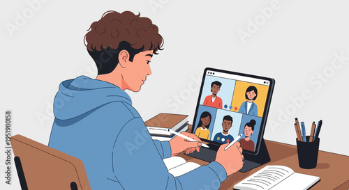 Young student participating in a virtual meeting with classmates on a tablet