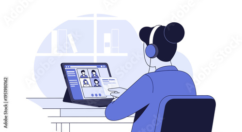 Woman wearing headphones on a video conference call on her laptop with colleagues in a home office setting