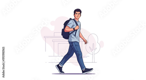 Young man with backpack walking on pavement near buildings and trees