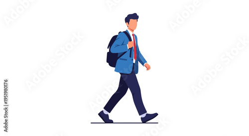 Young male student in blue suit and red tie walking with backpack, isolated on transparent background