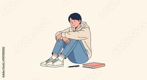 Young boy sitting thoughtfully with a book and pen, contemplating ideas