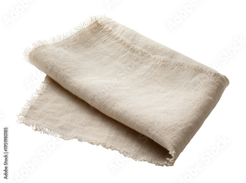 Canvastavla Light beige natural linen fabric napkin, folded with frayed edges, isolated on t