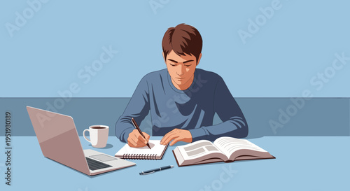 Young male student focused on writing in a notebook with a laptop, book, and coffee on a desk
