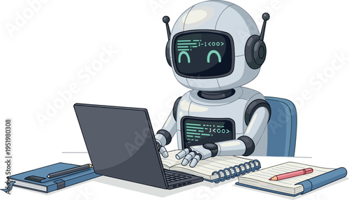 A robot sits at a desk working on a laptop on transparent background