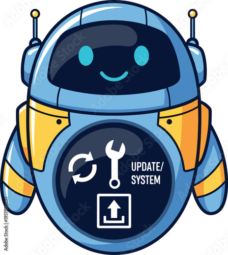 A cheerful cartoon robot with an update system symbol on its chest on transparent background
