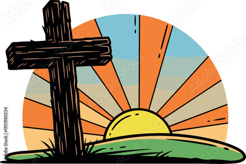 A cross stands on a green hill against a vibrant sunrise on transparent background