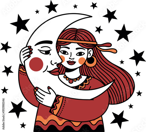 A woman tenderly hugging the moon with stars on transparent background