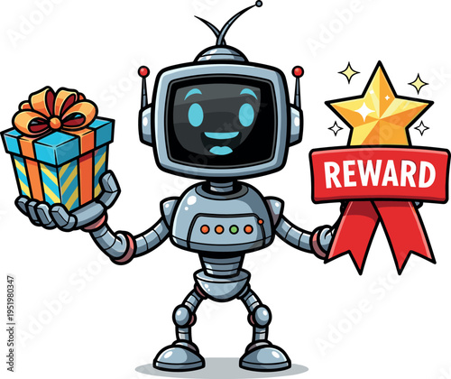 A cartoon robot holding a gift and a reward star on transparent background