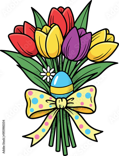 A colorful bouquet of tulips with Easter egg on transparent background