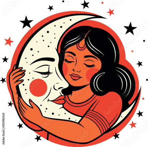 A woman hugging a moon with a face on transparent background
