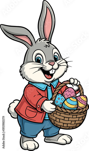 A cheerful Easter bunny holding a basket of colorful eggs on transparent background