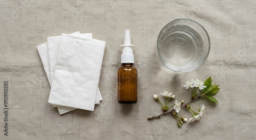 Allergy relief kit with nasal spray, tissues and water on linen background.