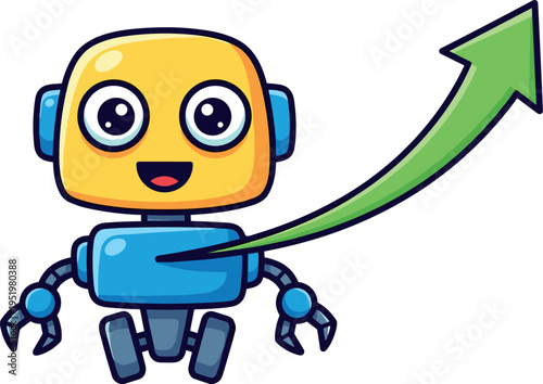 A cheerful robot with a green arrow pointing upwards on transparent background