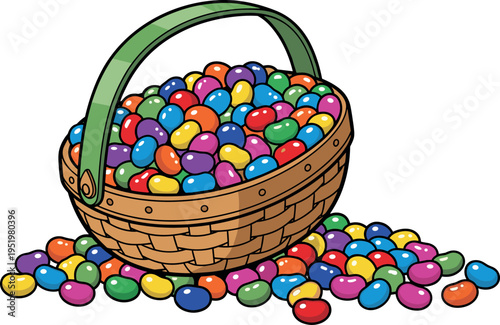 A wicker basket filled with colorful candy on transparent background