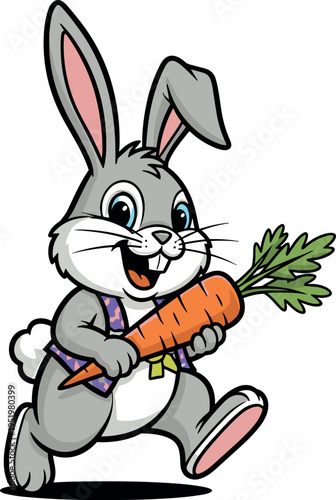 A cheerful cartoon rabbit running with a large carrot on transparent background