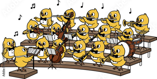 A cartoon orchestra of yellow chicks playing musical instruments on transparent background