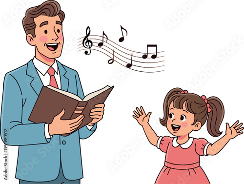 A man and a little girl singing together on transparent background