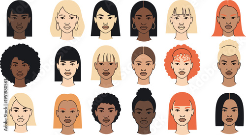 A diverse group of women's faces with different skin tones on transparent background