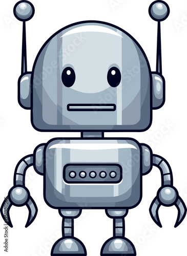 A cartoon robot with a neutral expression stands on transparent background