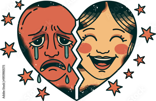A broken heart with two contrasting faces on transparent background