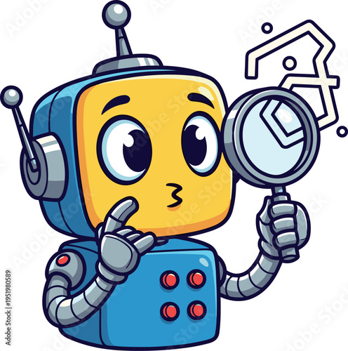 A cartoon robot examining a house with a magnifying glass on transparent background