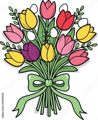 A colorful bouquet of tulips tied with a green bow on transparent background