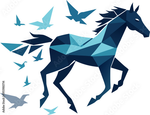 Low poly style running horse with a flock of birds soaring around it, symbolizing freedom and speed, ideal for graphic design