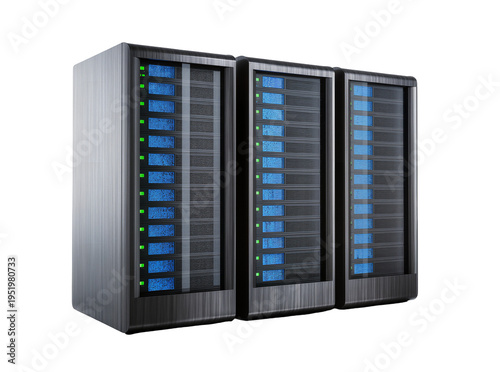 Photos Three modern data server racks with blue screens and green lights, isolated on a