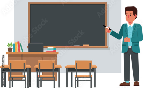 A cartoon male teacher standing in front of a classroom on transparent background