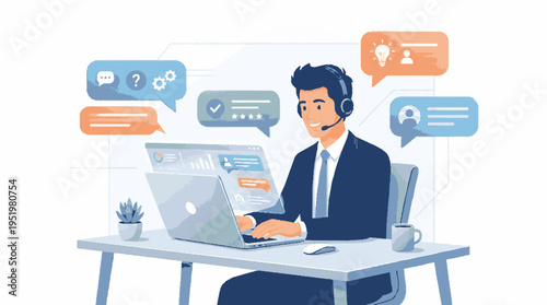 Customer support agent in a modern office using laptop surrounded by chat bubbles with icons for communication and assistance