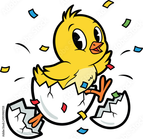A cheerful cartoon chick emerges from an eggshell on transparent background