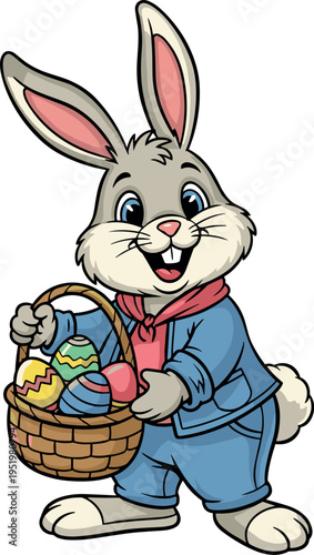 A cheerful Easter bunny holding a basket of colorful eggs on transparent background